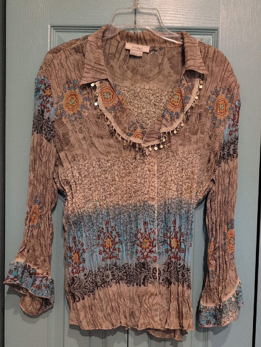 Dress Barn Taupe and Blue Floral Beaded Ruffle V-Neck Blouse
